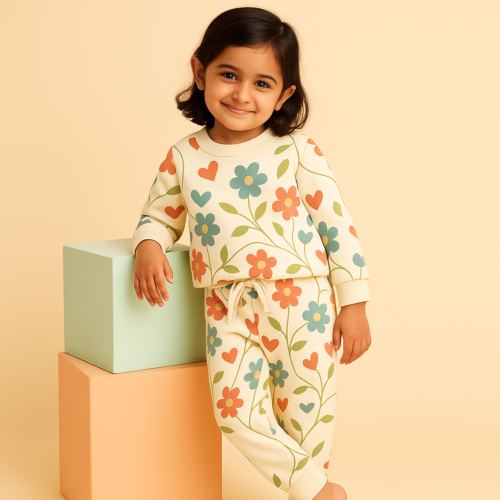 Kids Printed Fleece Tracksuit Floral Off White (2-3 Years)