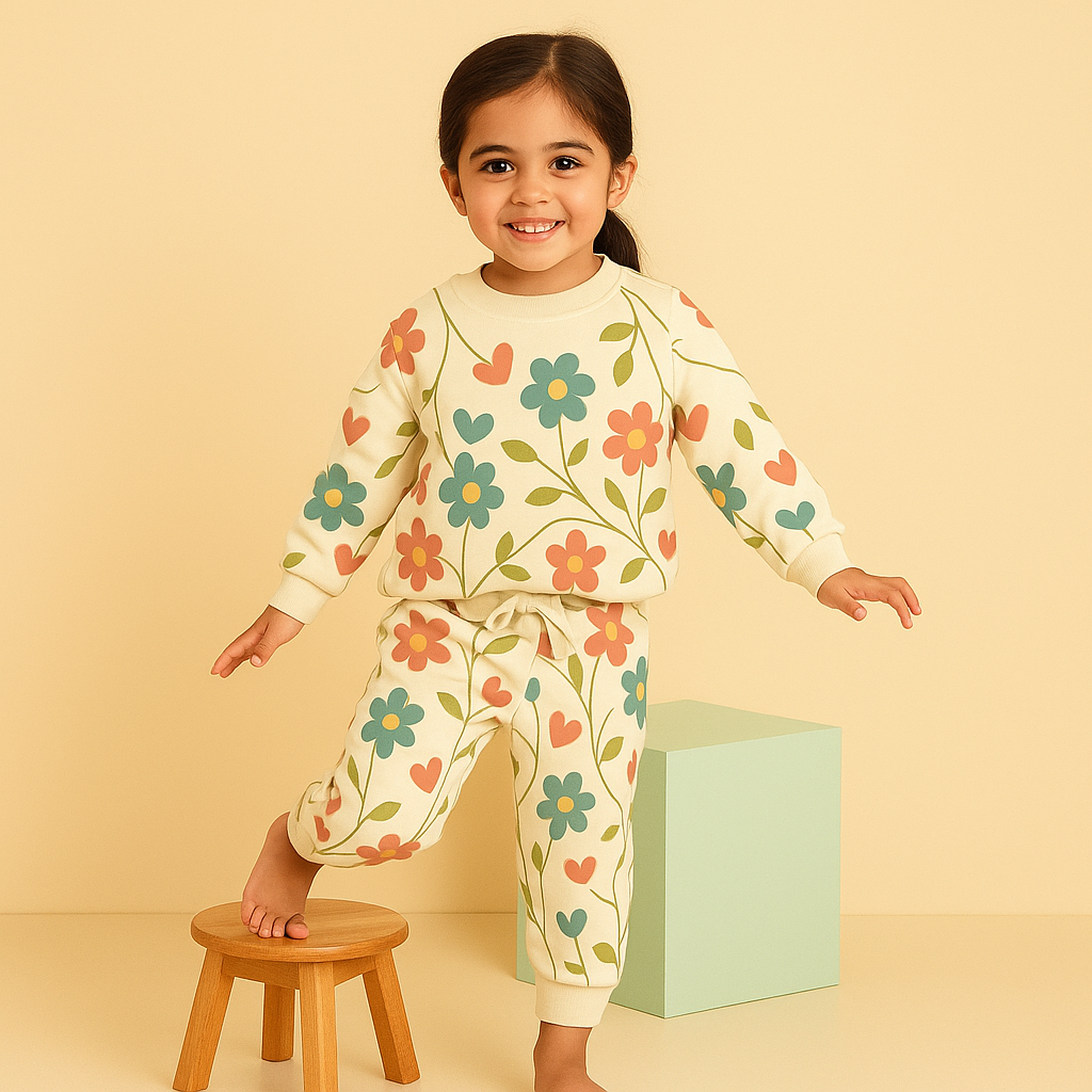 Kids Printed Fleece Tracksuit Floral Off White (3-4 Years)