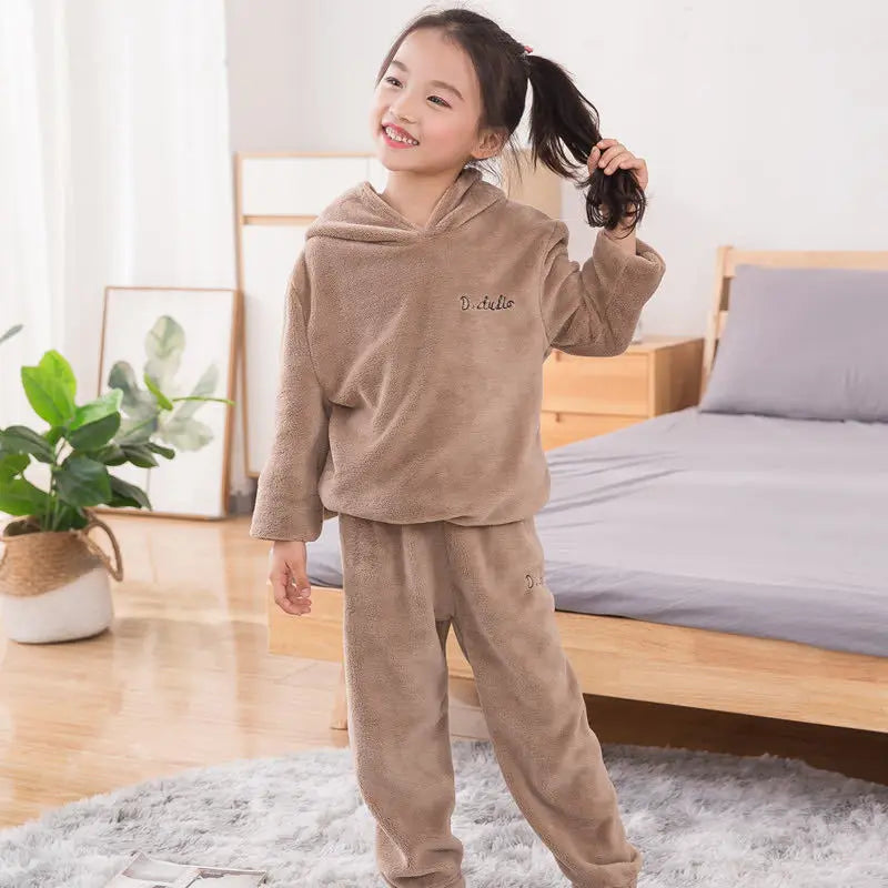 Kids Fleece Hoodie & Pajama Set Brown - Sunshine