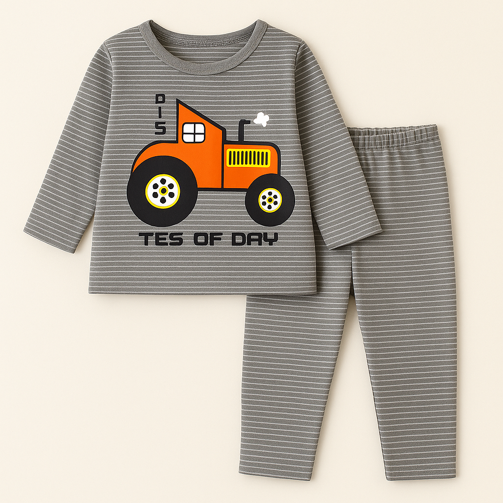 Baby Pajama Set Tractor Stripes Grey - Sunshine