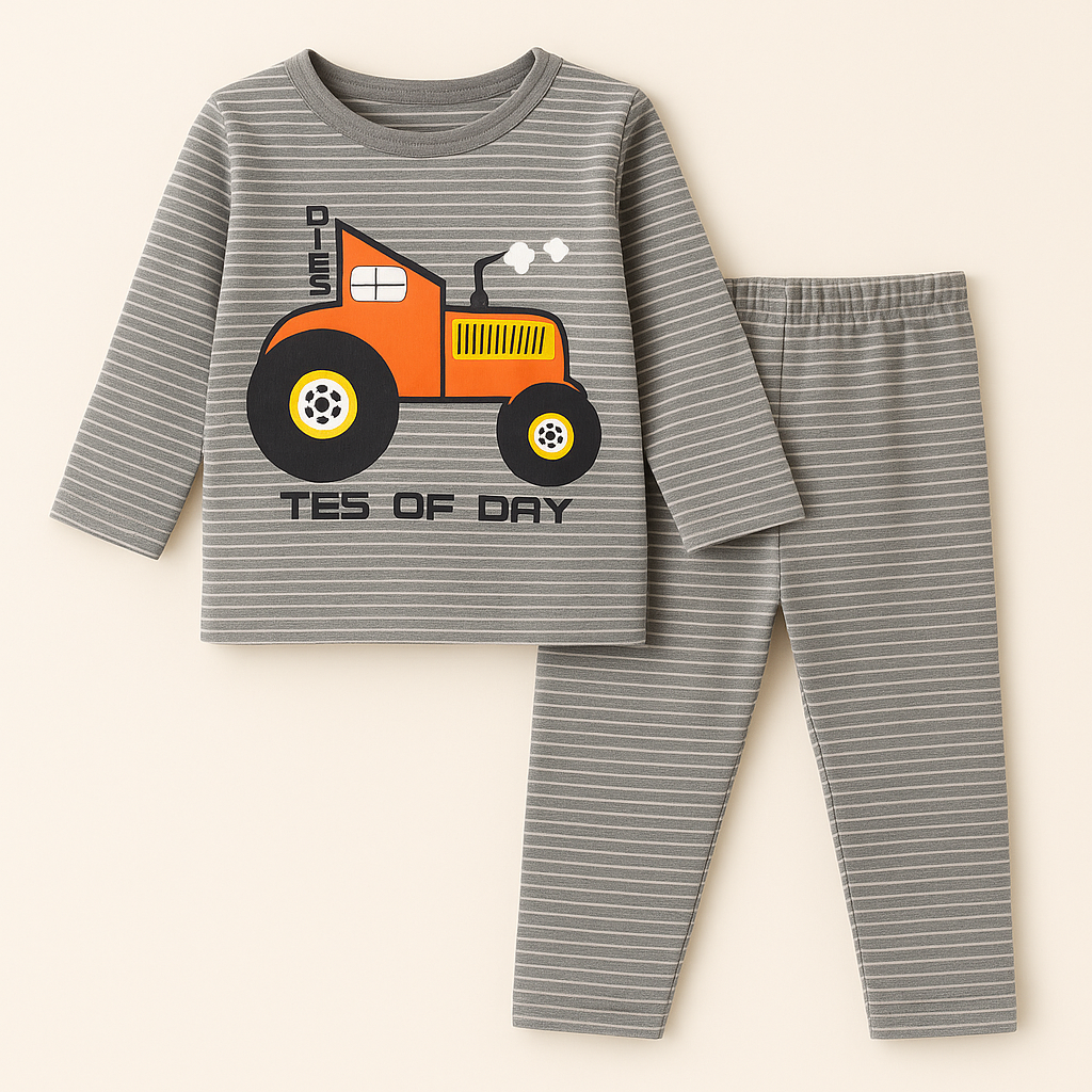 Baby Pajama Set Tractor Stripes Grey - Sunshine