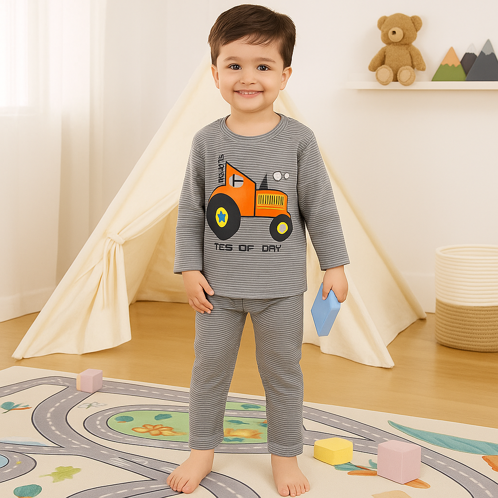 Baby Pajama Set Tractor Stripes Grey - Sunshine