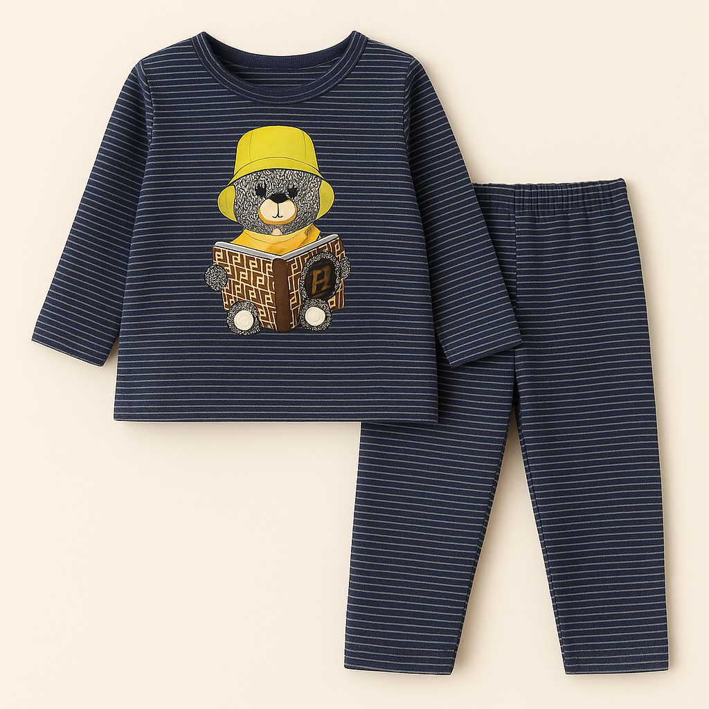 Baby Fleece Pajama Set Bear Strips Navy Blue - Sunshine