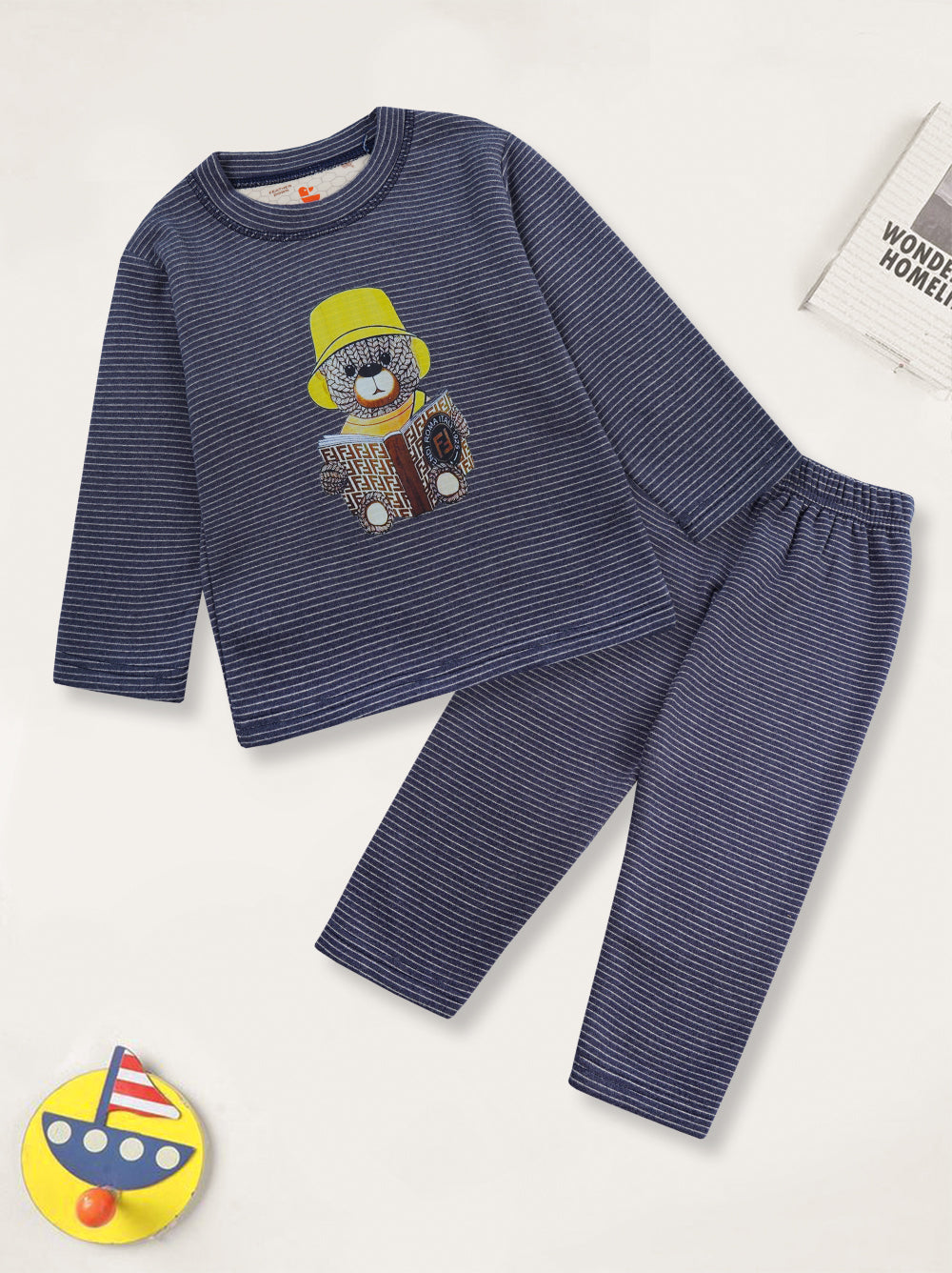 Baby Fleece Pajama Set Bear Strips Navy Blue - Sunshine