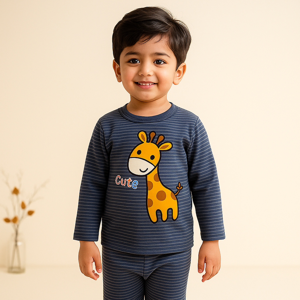 Baby Fleece Pajama Set Giraffe Stripes Navy Blue - Sunshine