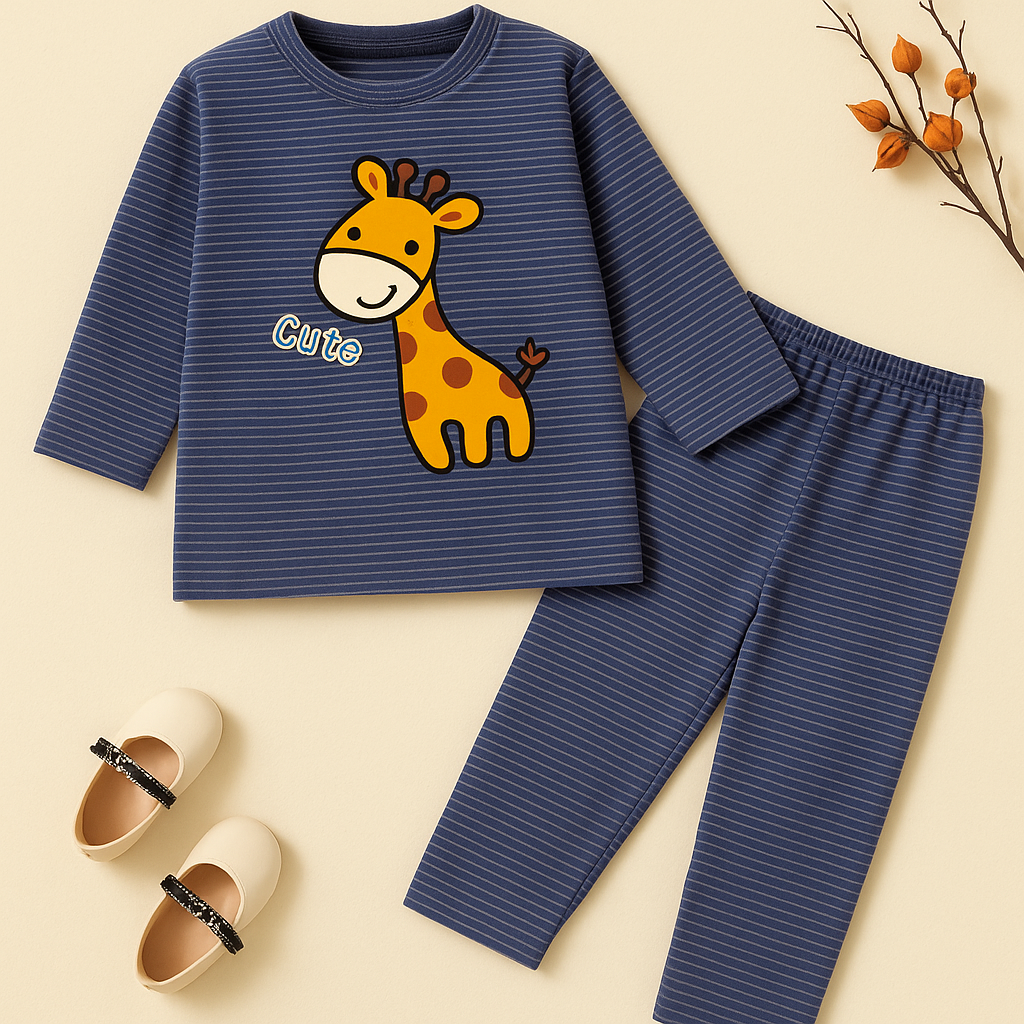Baby Fleece Pajama Set Giraffe Stripes Navy Blue - Sunshine