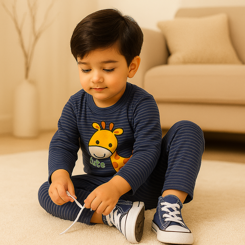 Baby Fleece Pajama Set Giraffe Stripes Navy Blue - Sunshine