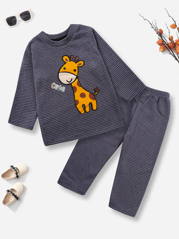 Baby Fleece Pajama Set Giraffe Stripes Navy Blue - Sunshine