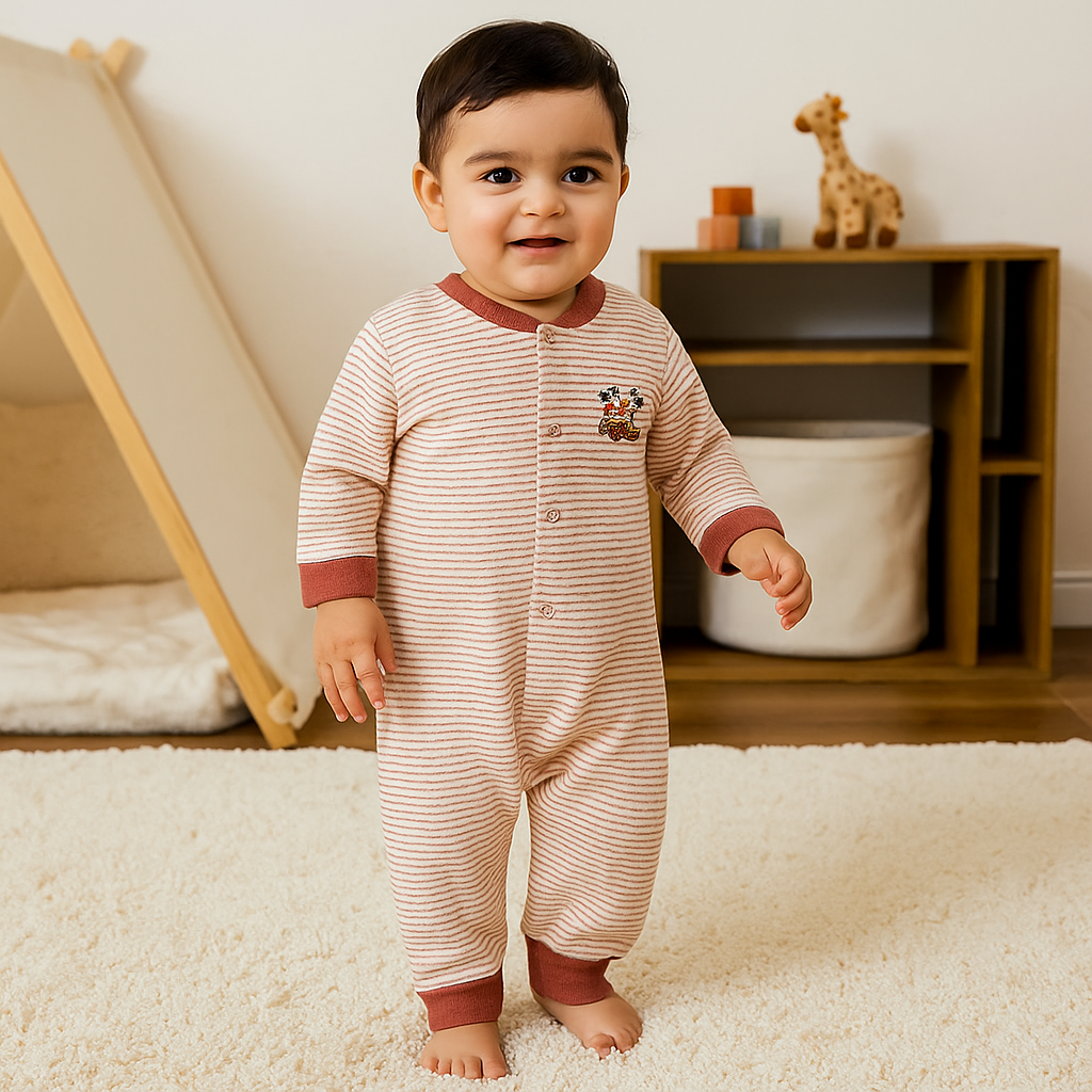 Baby Warm Full Body Sleepsuit Car Peach Stripes - Sunshine