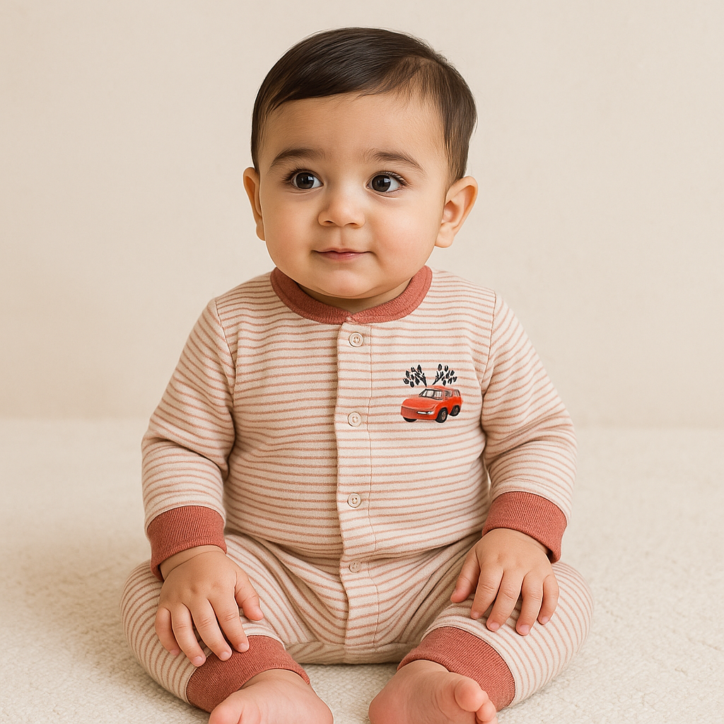 Baby Warm Full Body Sleepsuit Car Peach Stripes - Sunshine