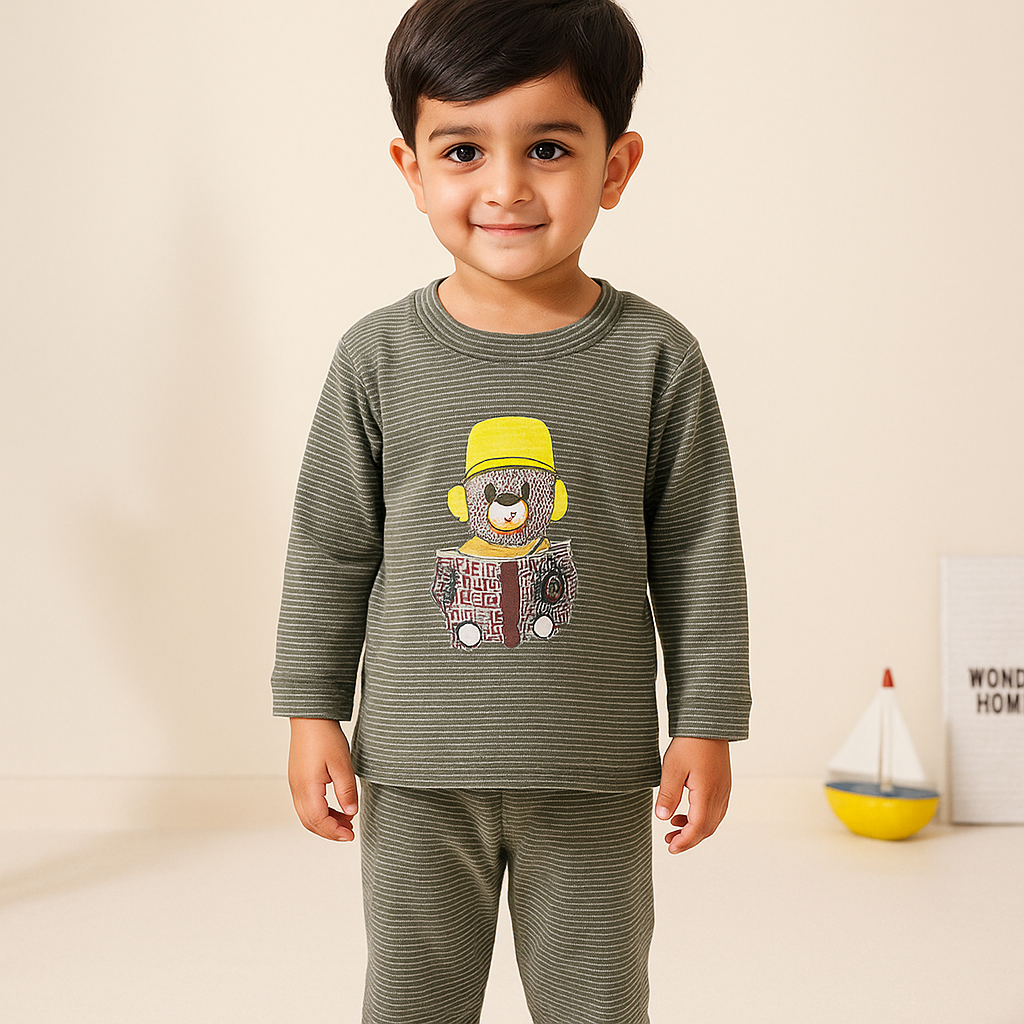 Baby Fleece Pajama Set Bear Strips Green - Sunshine