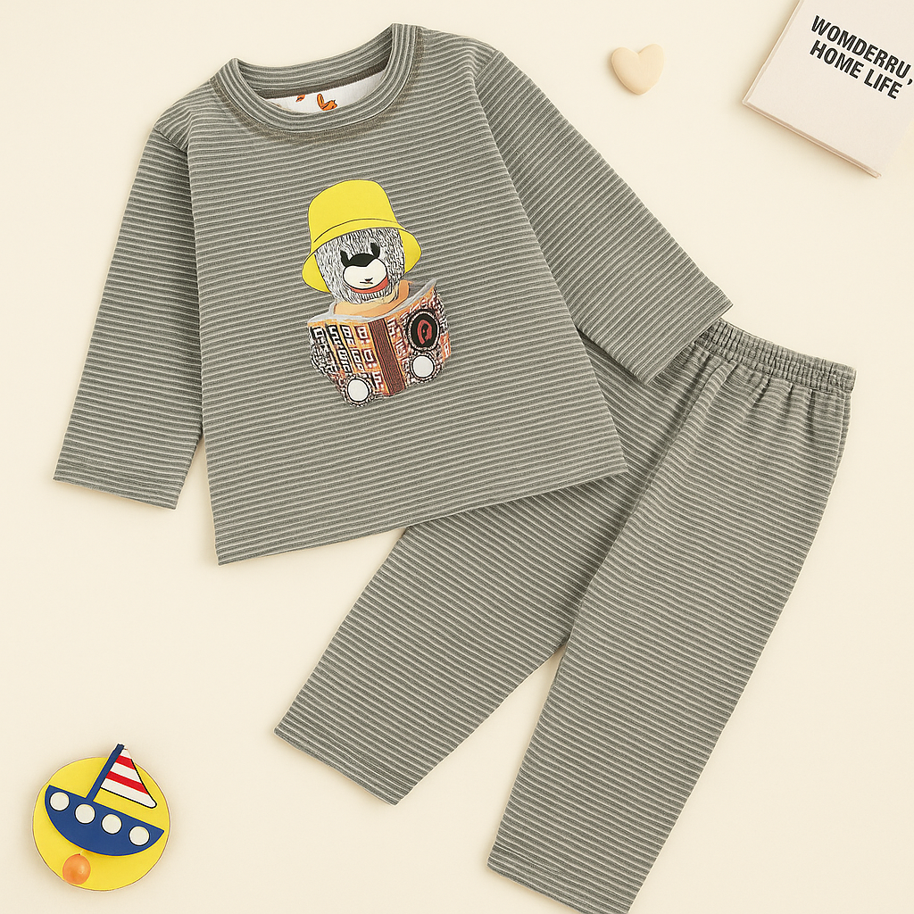 Baby Fleece Pajama Set Bear Strips Green - Sunshine