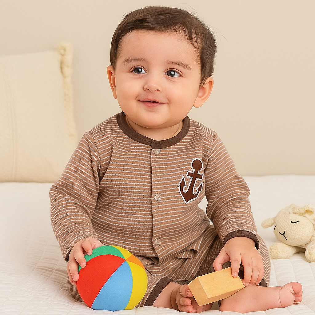 Baby Sleepsuit Fleece Anchor Stripes Brown - Sunshine