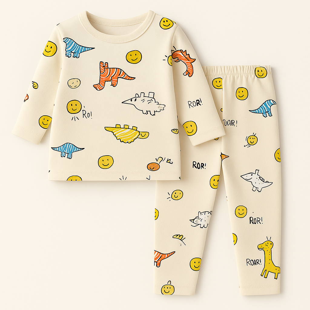 Baby Fleece Shirt & Pajama Set Dino Off White - Sunshine