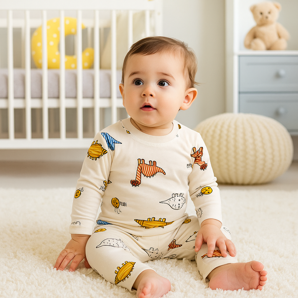 Baby Fleece Shirt & Pajama Set Dino Off White - Sunshine