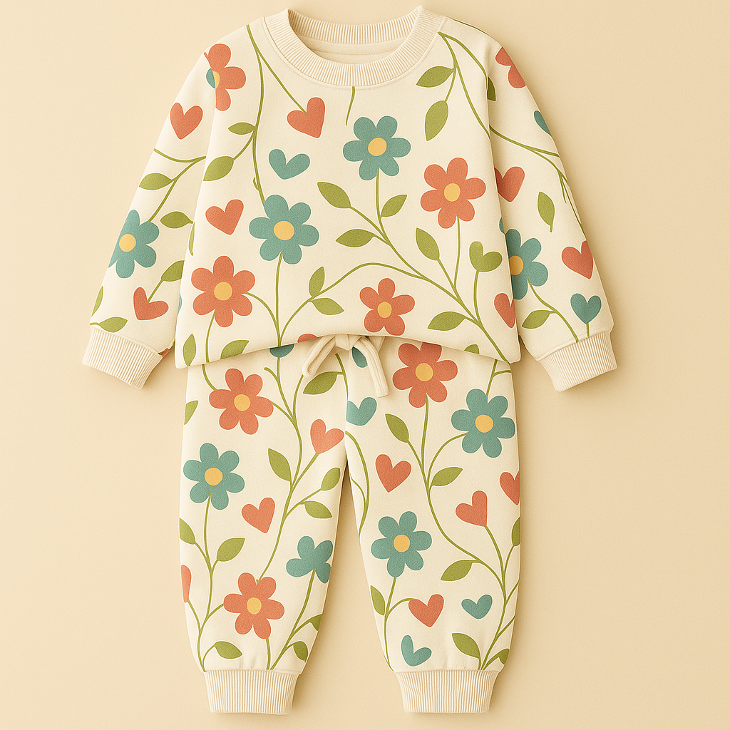 Kids Printed Fleece Tracksuit Floral Off White (1-2 Years)