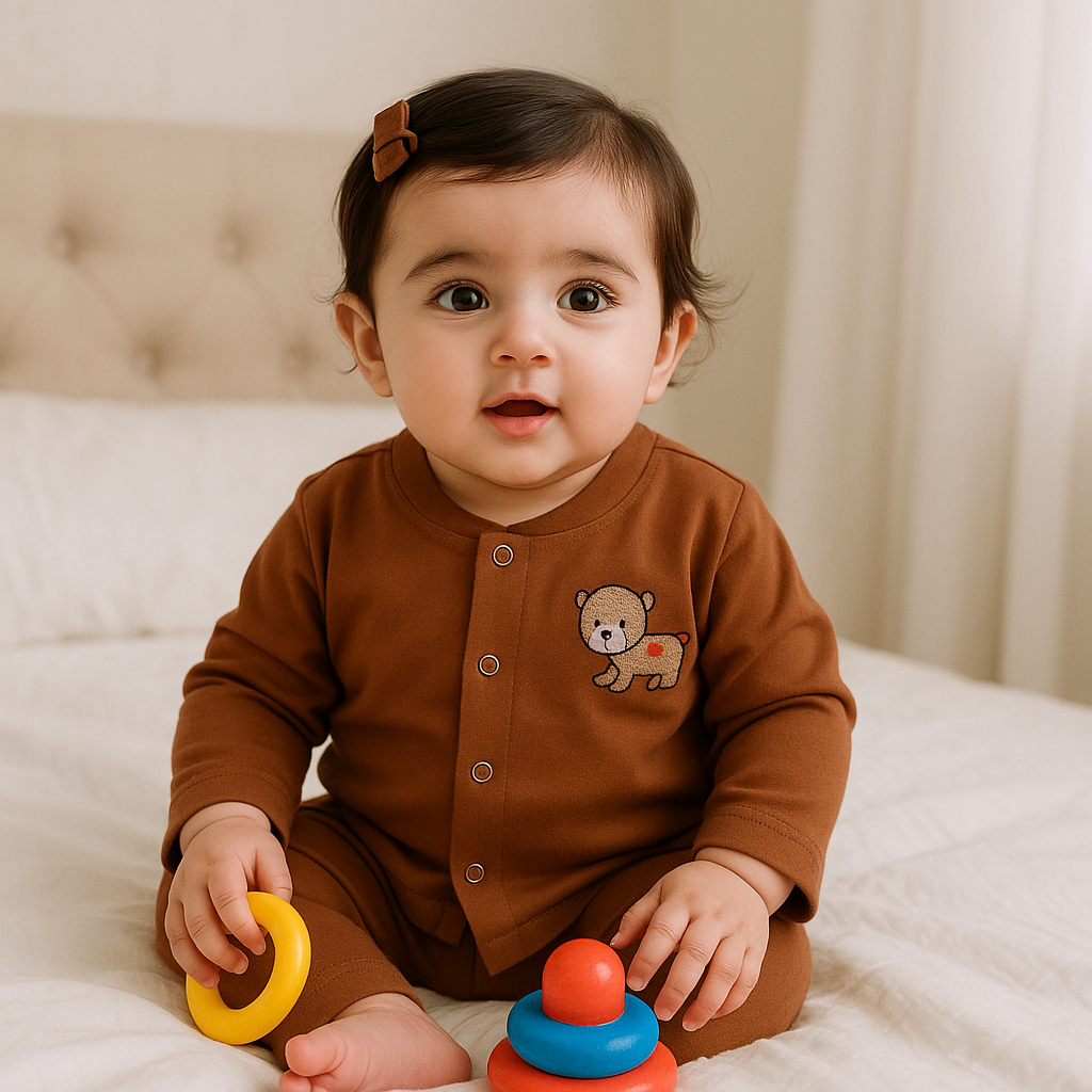 Baby Soft Cotton Sleepsuit Bear Brown - Sunshine