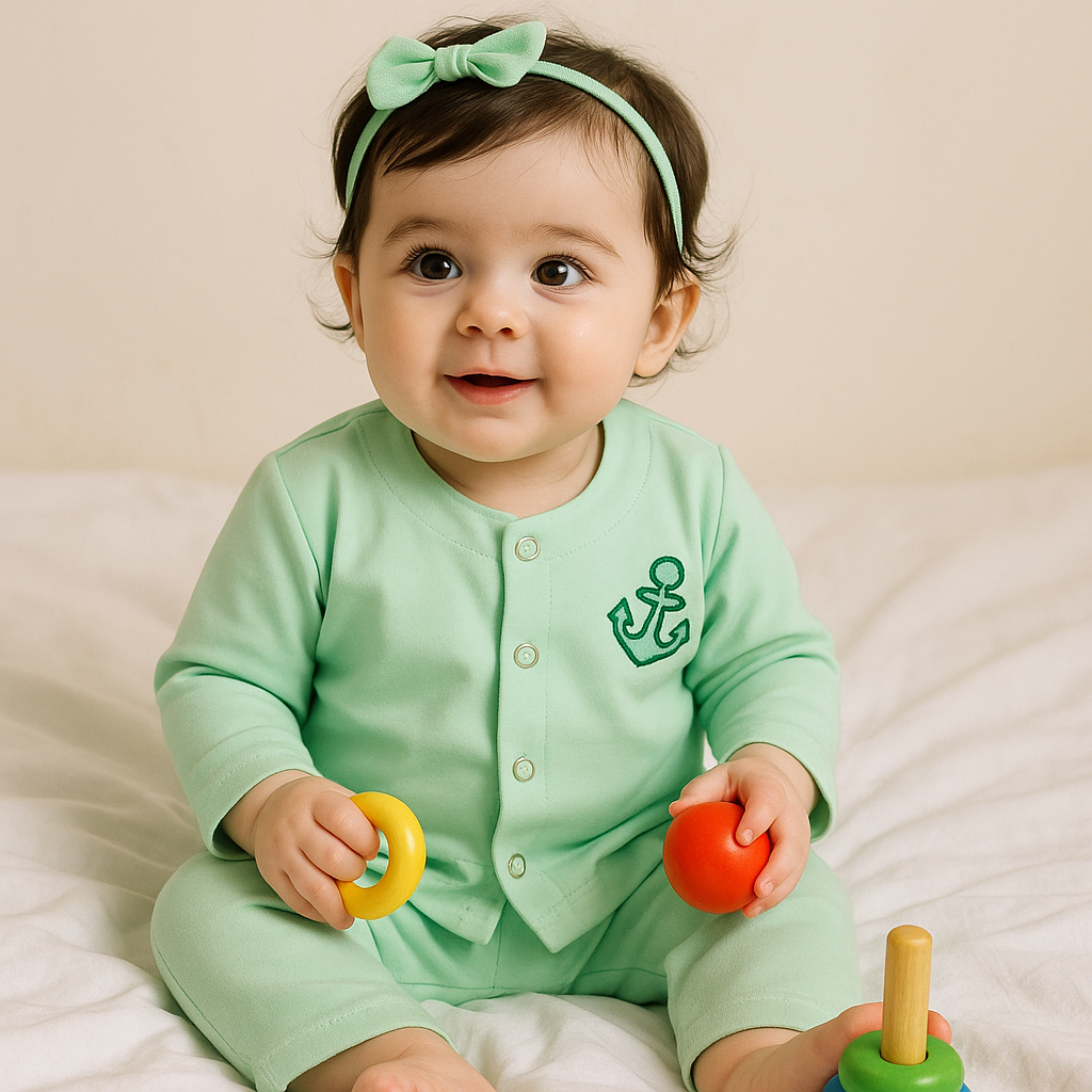 Baby Soft Cotton Sleepsuit Anchor Green - Sunshine