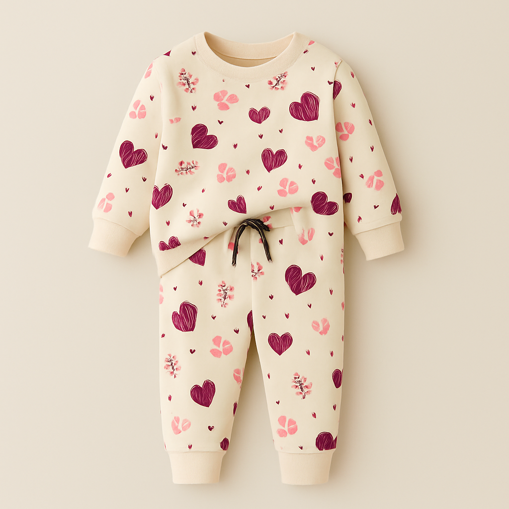 Kids Printed Fleece Tracksuit Hearts Beige (1-2 Years)