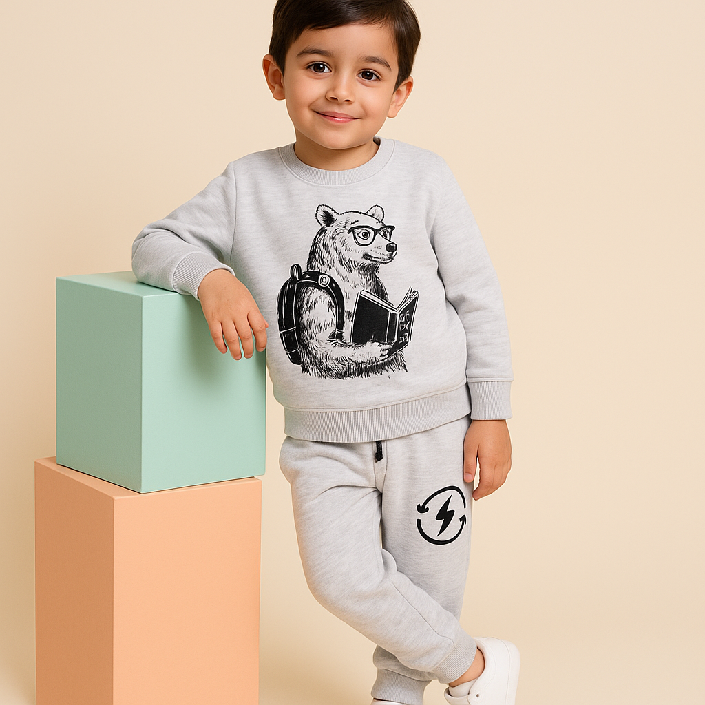Kids Printed Fleece Tracksuit Bear Grey - Mini Charm