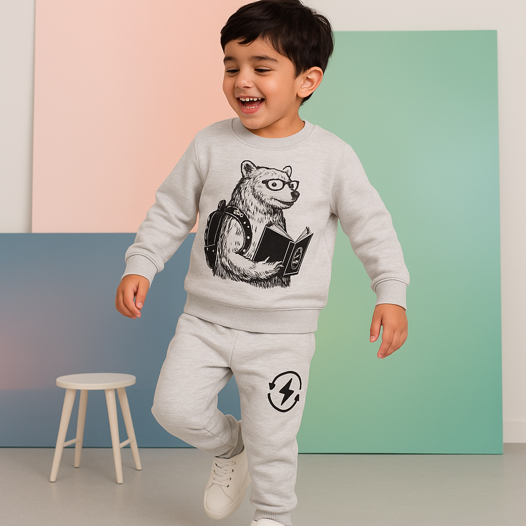 Kids Printed Fleece Tracksuit Bear Grey - Mini Charm