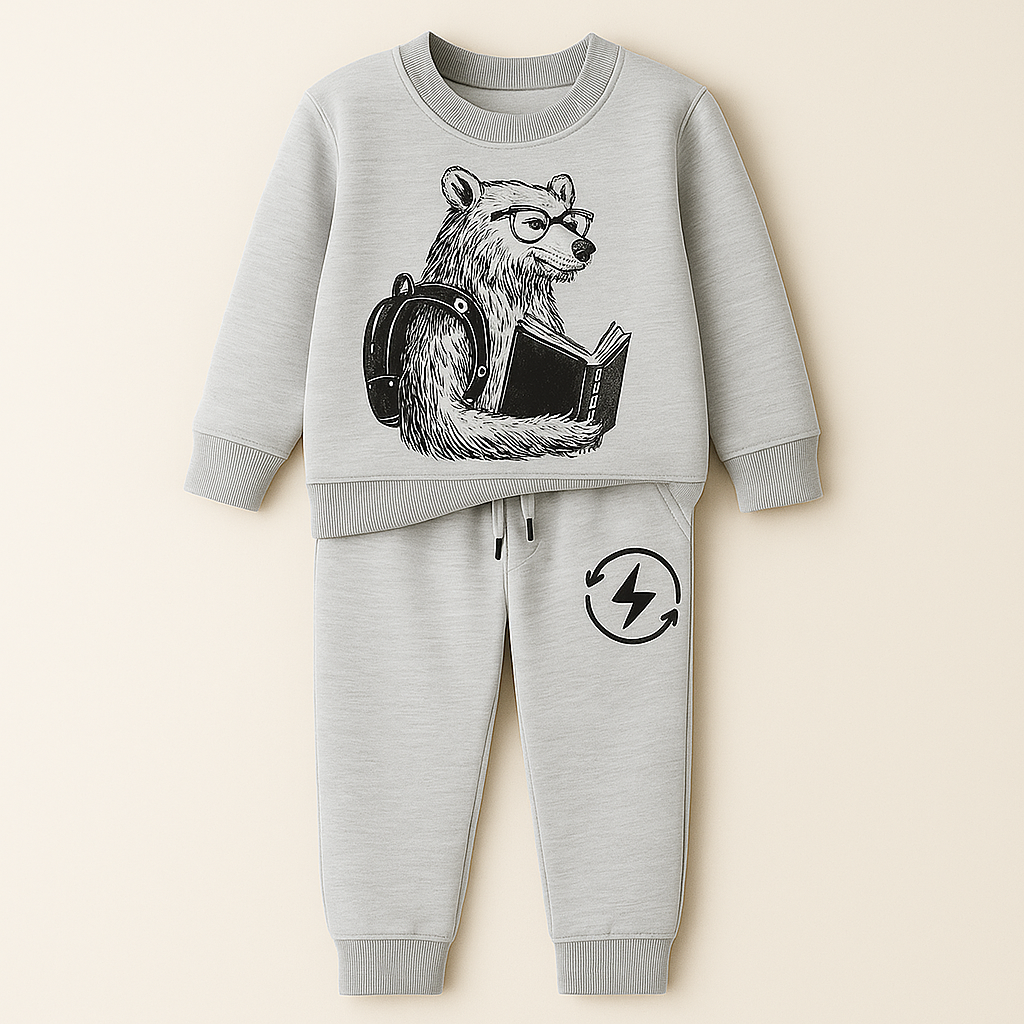 Kids Printed Fleece Tracksuit Bear Grey - Mini Charm