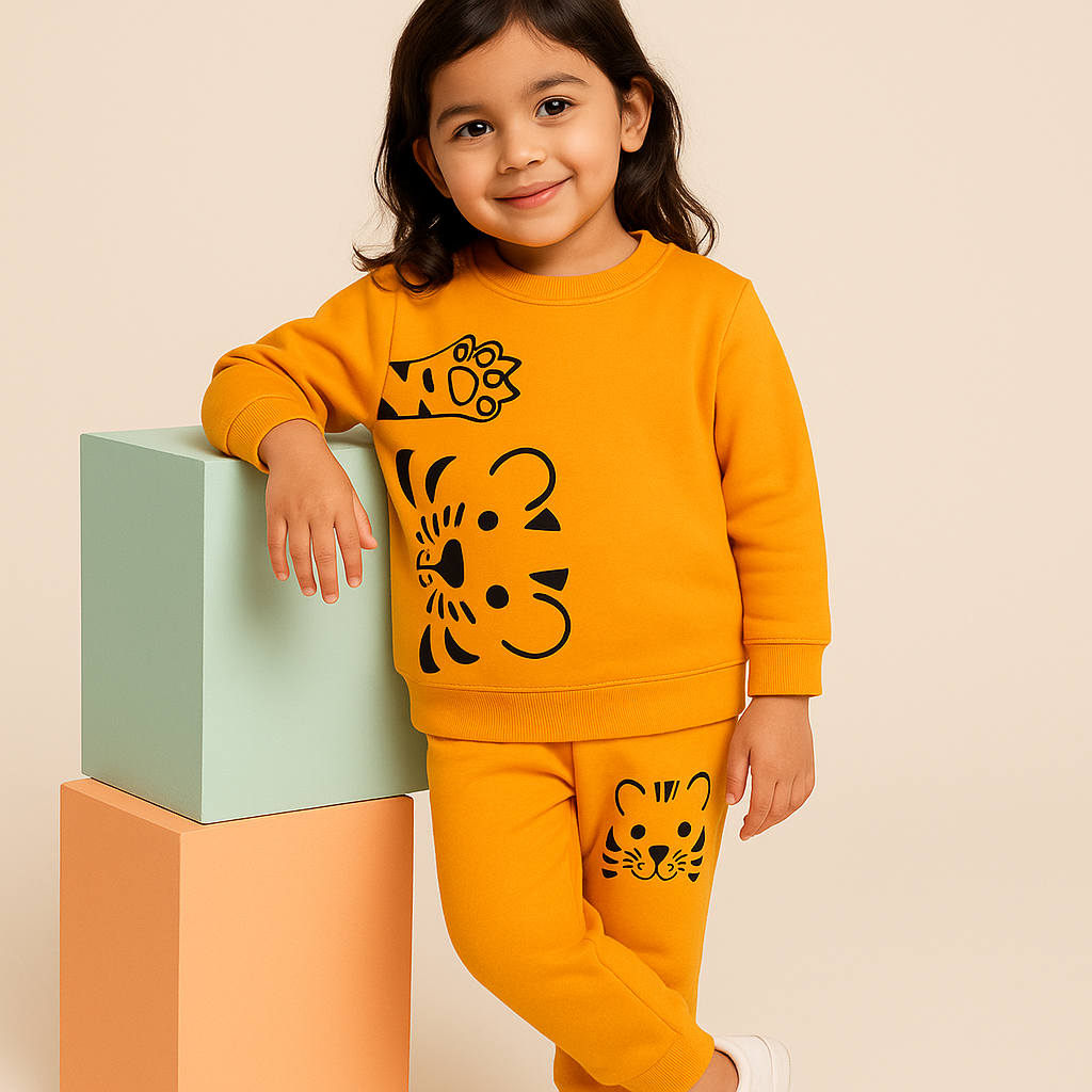 Kids Printed Fleece Tracksuit Tiger Mustard (2-3 Years)