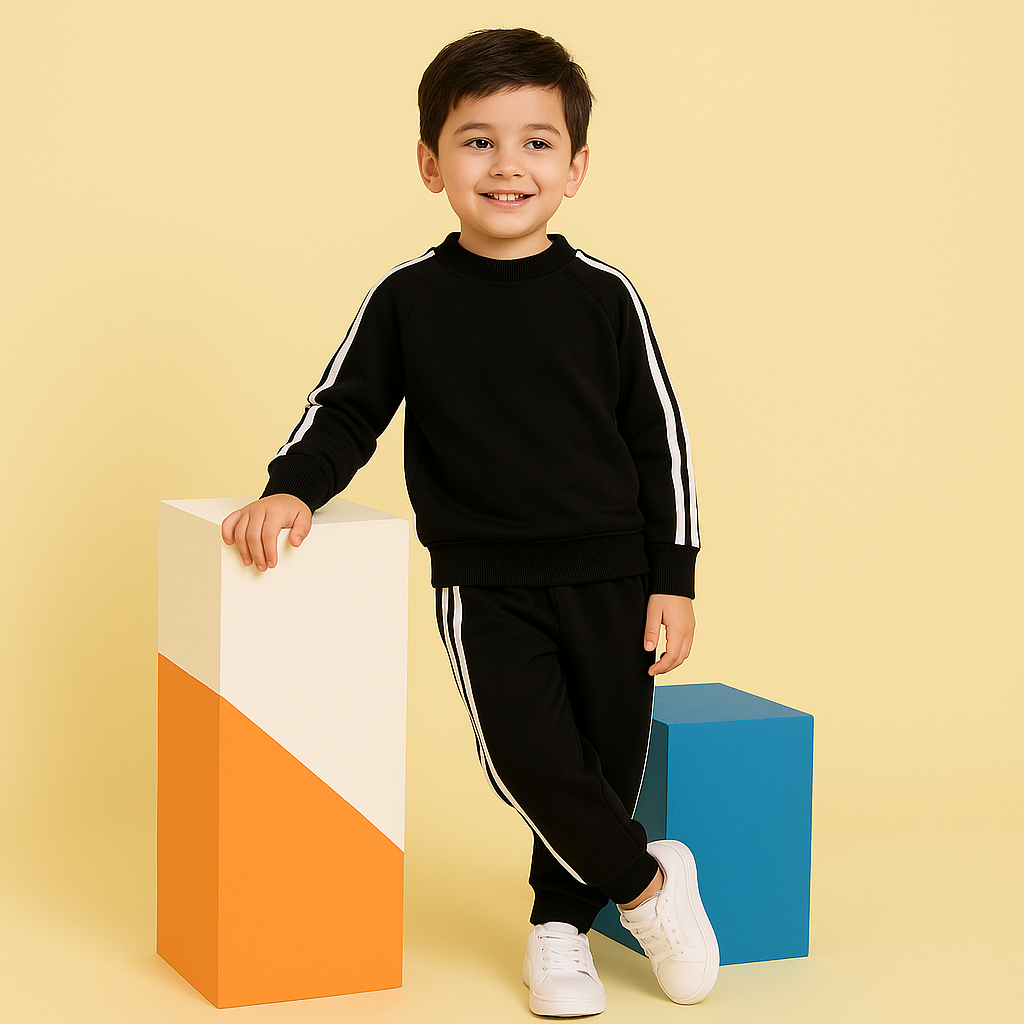 MINI CHARM KIDS FLEECE TRACKSUIT STRIPES PLAIN BLACK 9-10Y