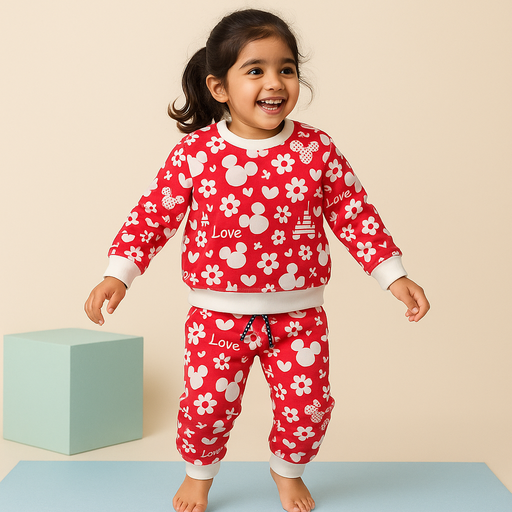 MINI CHARM KIDS FLEECE TRACKSUIT HEARTS AND FLOWERS RED 9-10Y