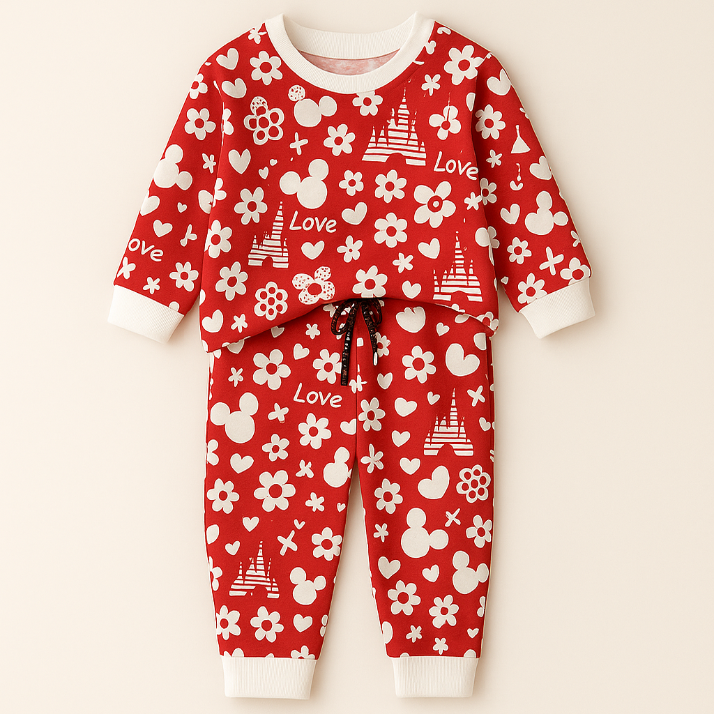 MINI CHARM KIDS FLEECE TRACKSUIT HEARTS AND FLOWERS RED 9-10Y